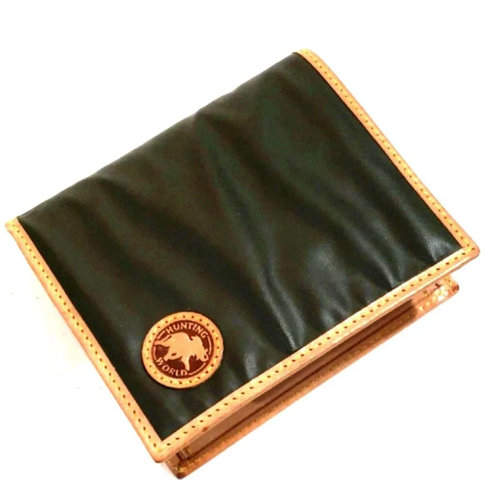Hunting World Bi-Fold Wallet – Green Canvas w/ Tan Leather Trim, Unisex 4x3.5